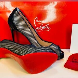 Christian Louboutin “Very Rete 120” Black Mesh Peep Toe Heels
